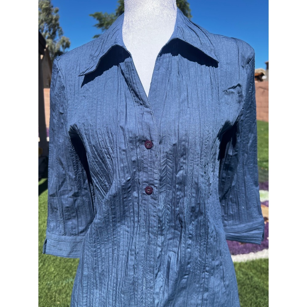 Fred David Womens Blue Crinkle Pleated 3/4 Sleeve Button Down Shirt Large M2U236